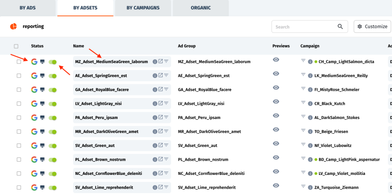 Network, Status, and Name Columns